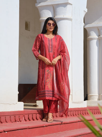 Printed Round Neck Kurta & Trousers With Dupatta