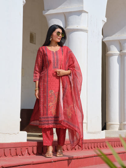Printed Round Neck Kurta & Trousers With Dupatta