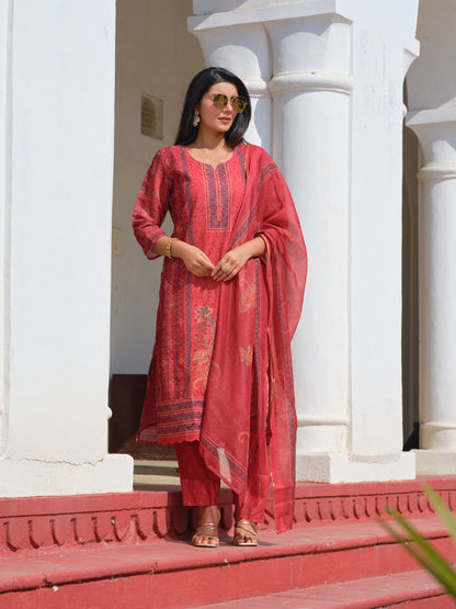 Printed Round Neck Kurta & Trousers With Dupatta