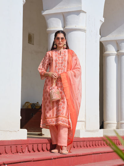 Printed Round Neck Kurta & Trousers With Dupatta