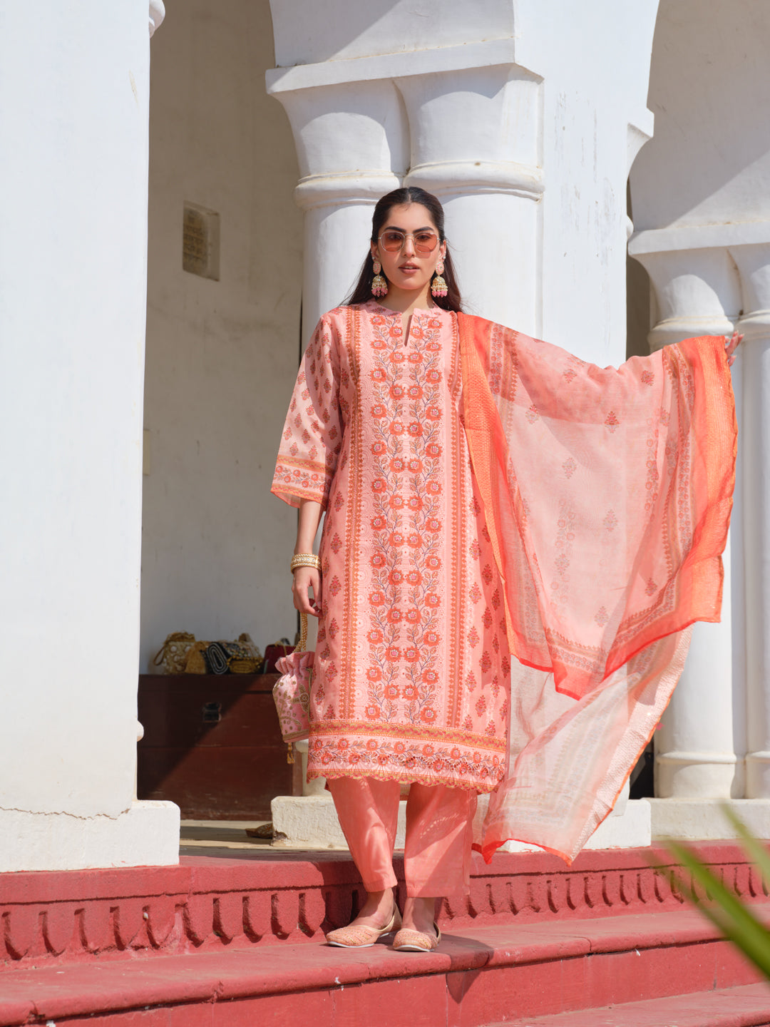 Printed Round Neck Kurta & Trousers With Dupatta