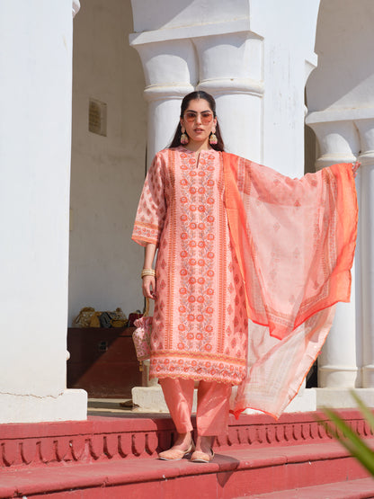 Printed Round Neck Kurta & Trousers With Dupatta
