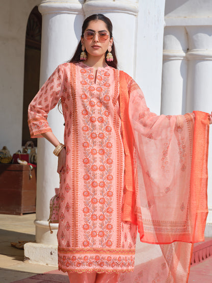 Printed Round Neck Kurta & Trousers With Dupatta