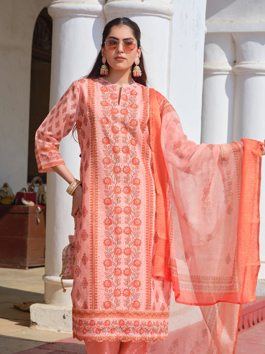 Printed Round Neck Kurta & Trousers With Dupatta
