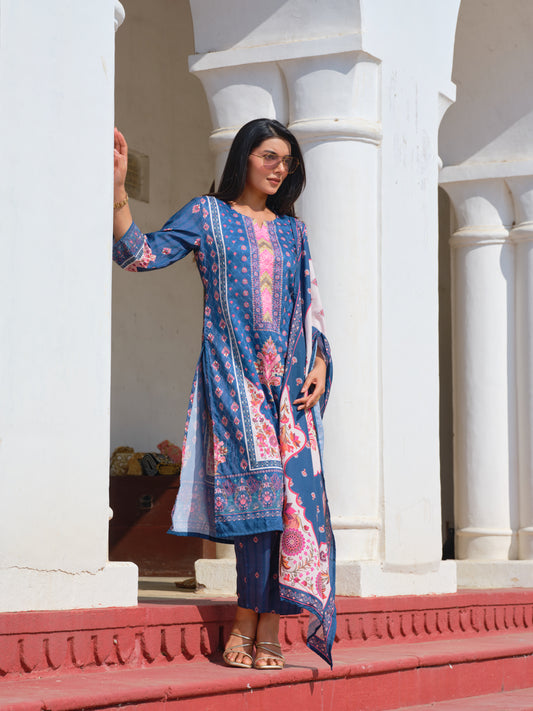 Printed Round Neck Kurta & Trousers With Dupatta