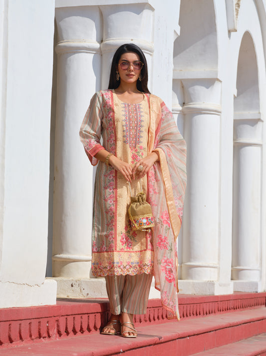 Printed Round Neck Kurta & Trousers With Dupatta