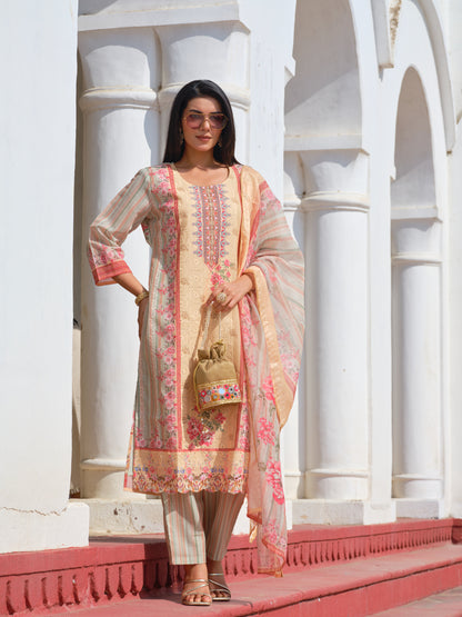 Printed Round Neck Kurta & Trousers With Dupatta