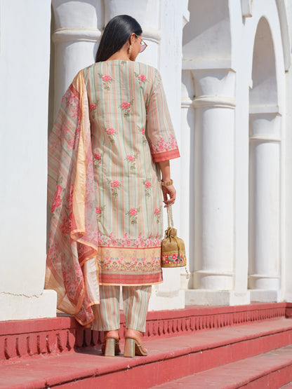 Printed Round Neck Kurta & Trousers With Dupatta