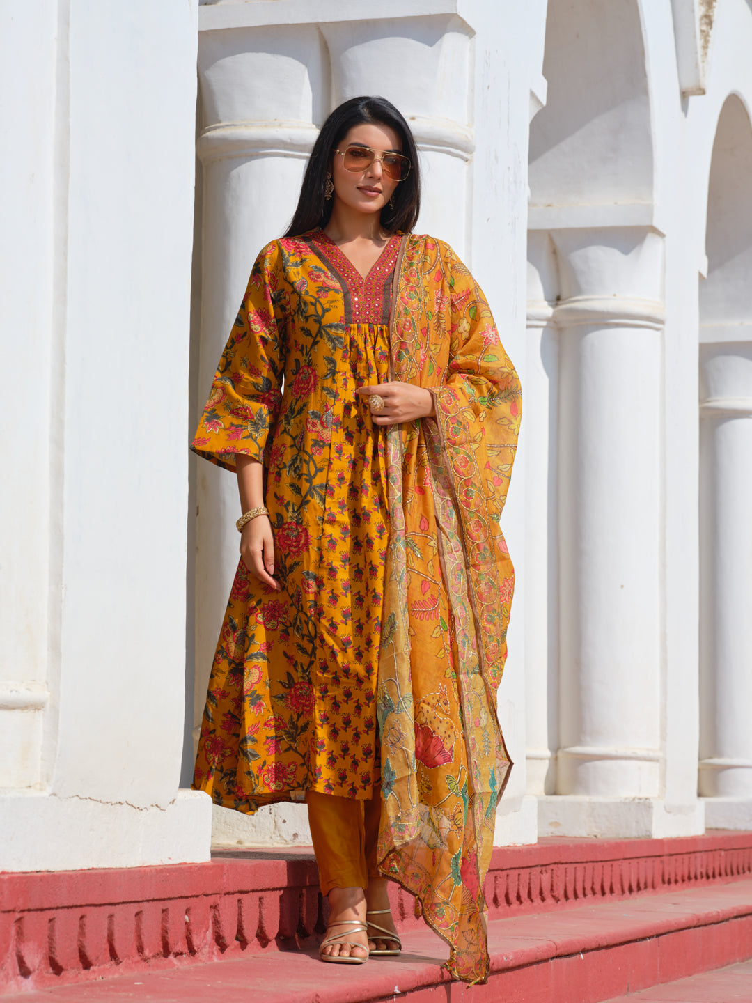 Printed V-Neck Kurta & Trousers With Dupatta