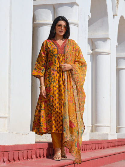 Printed V-Neck Kurta & Trousers With Dupatta