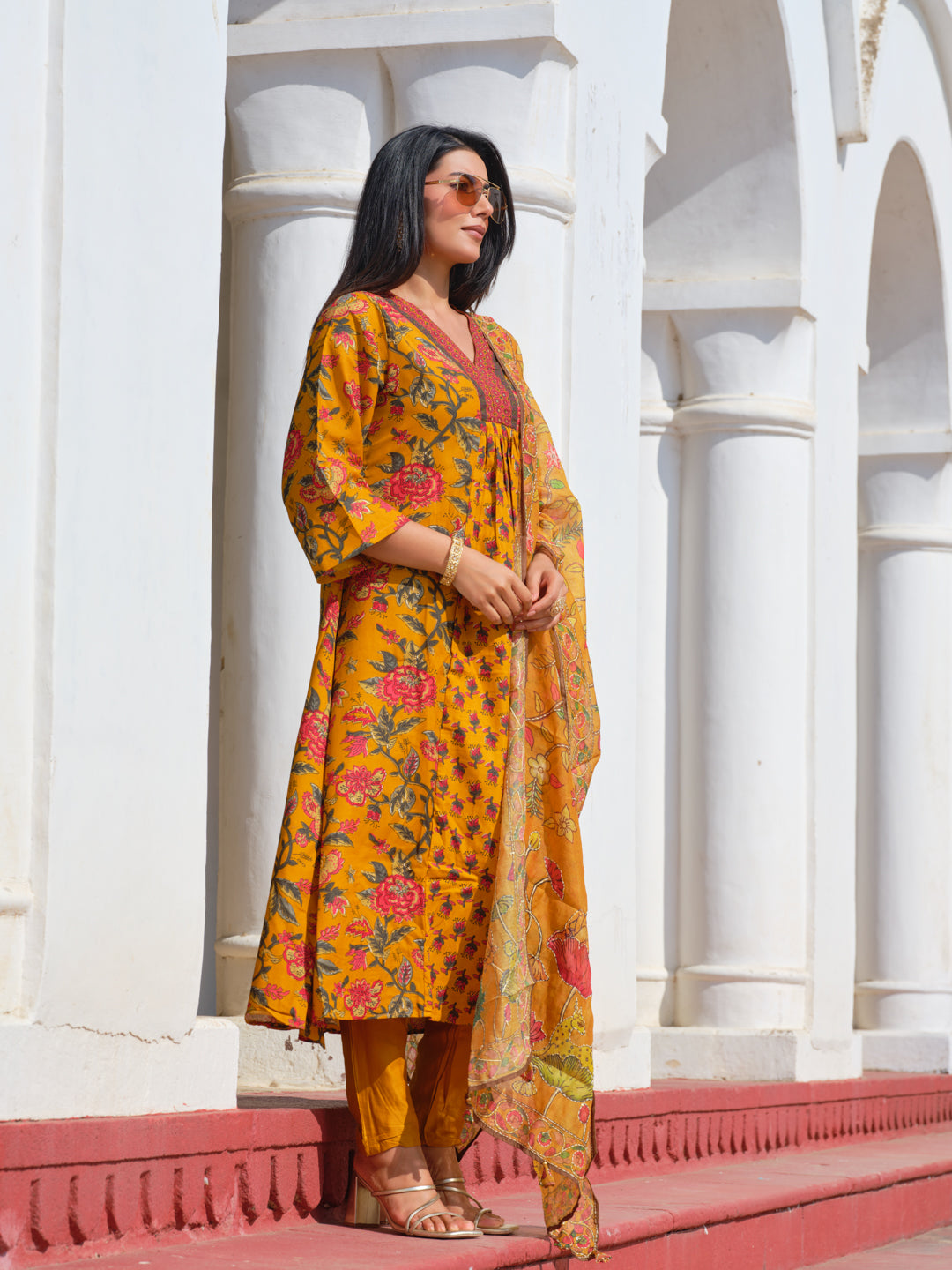 Printed V-Neck Kurta & Trousers With Dupatta