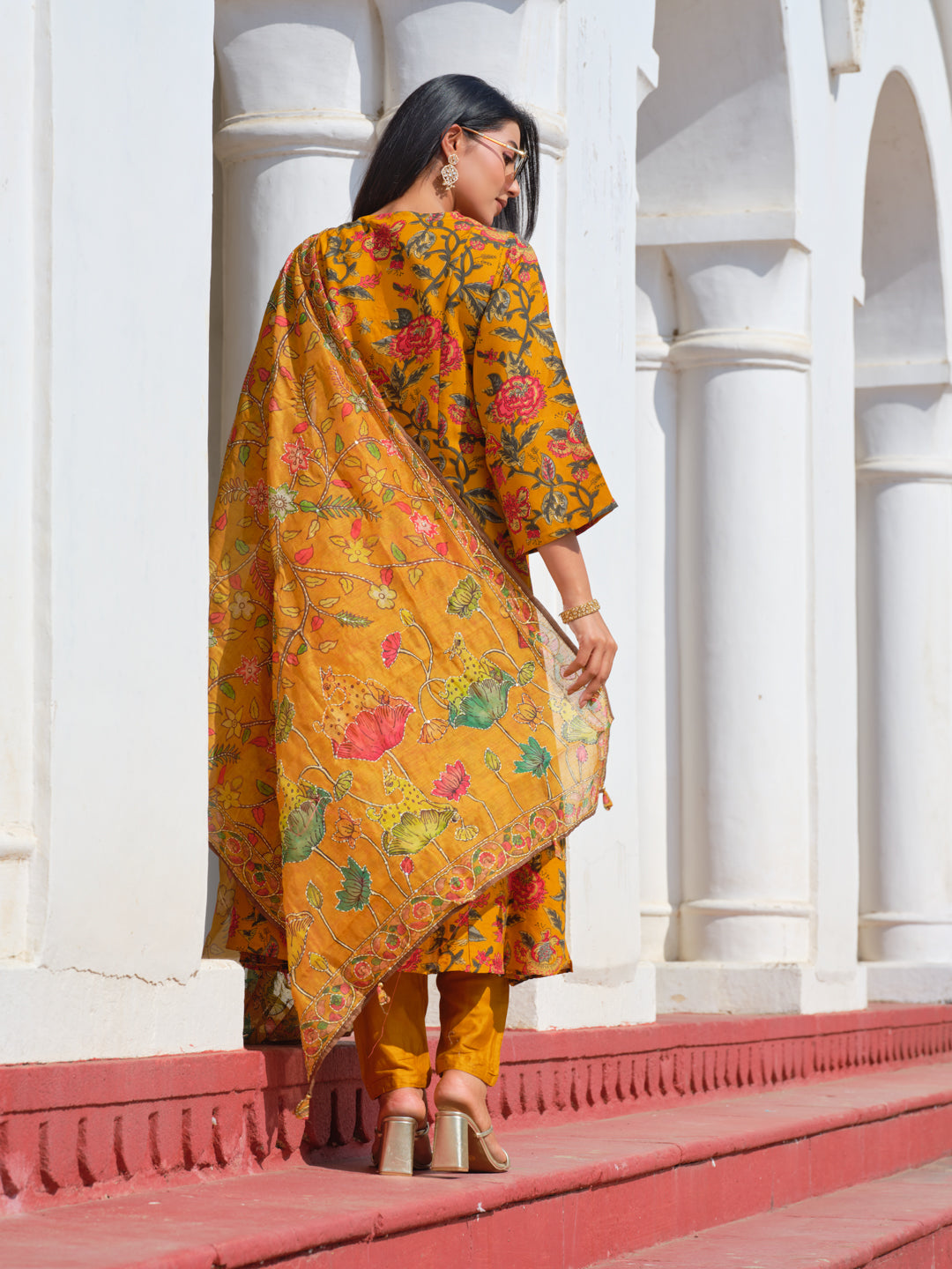 Printed V-Neck Kurta & Trousers With Dupatta