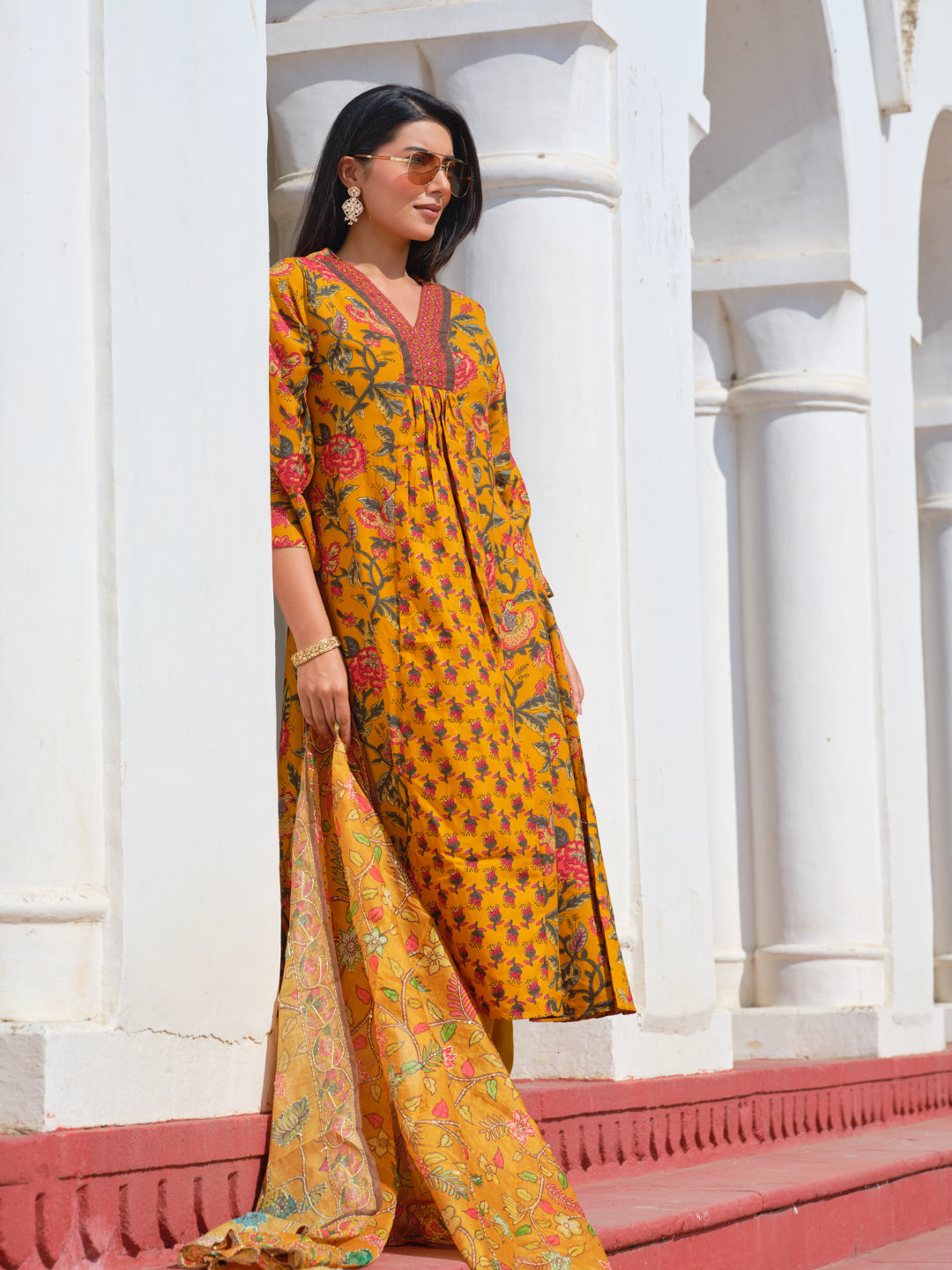Printed V-Neck Kurta & Trousers With Dupatta