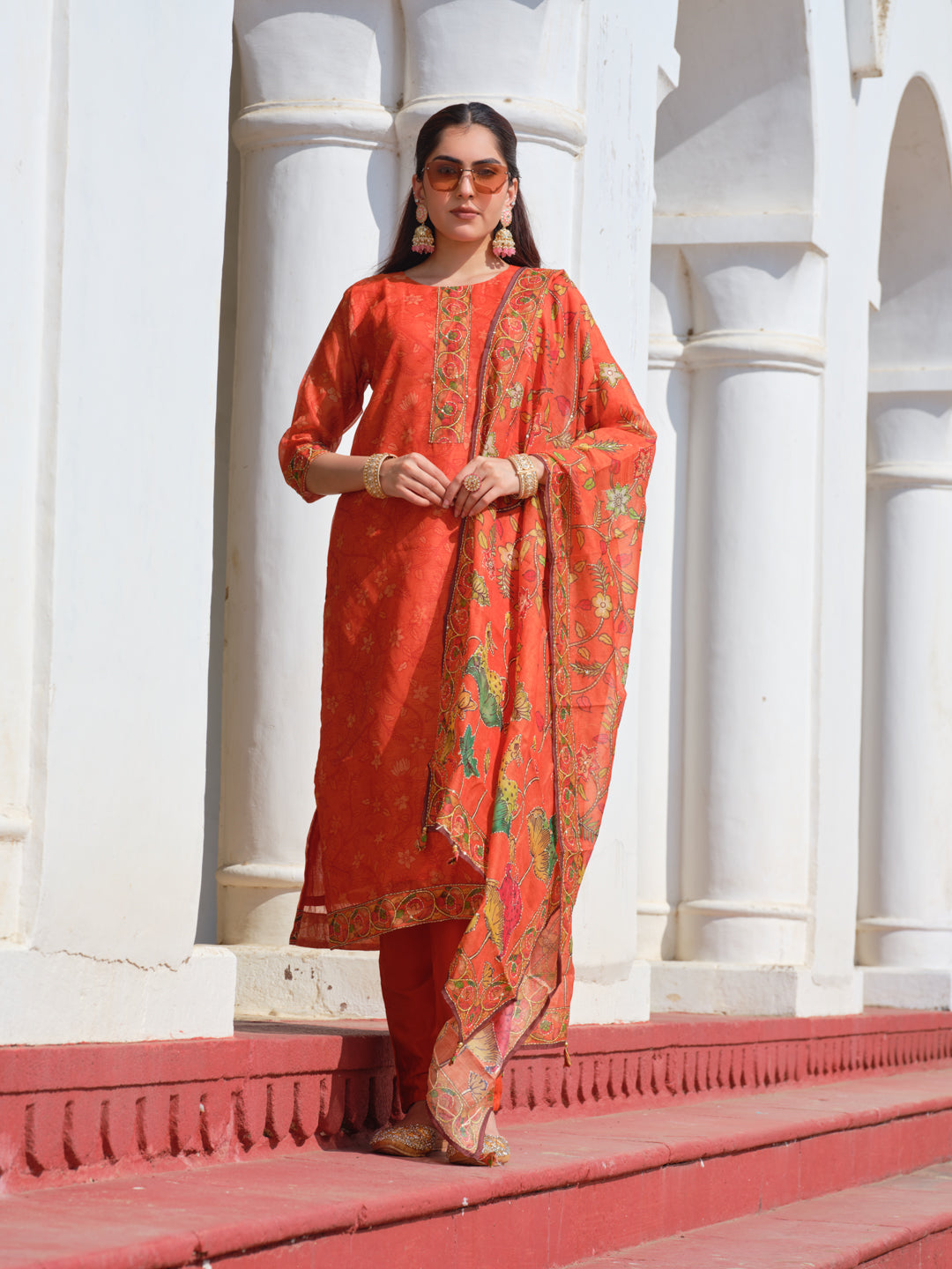Embroidered Round Neck Straight Kurta & Trousers With Dupattta