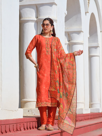 Embroidered Round Neck Straight Kurta & Trousers With Dupattta