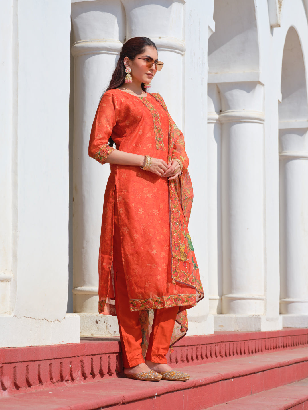 Embroidered Round Neck Straight Kurta & Trousers With Dupattta