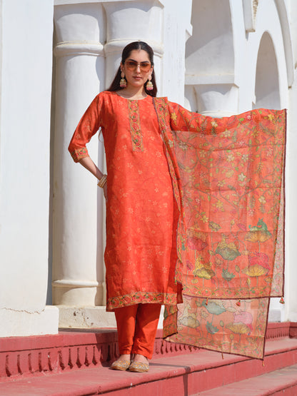 Embroidered Round Neck Straight Kurta & Trousers With Dupattta