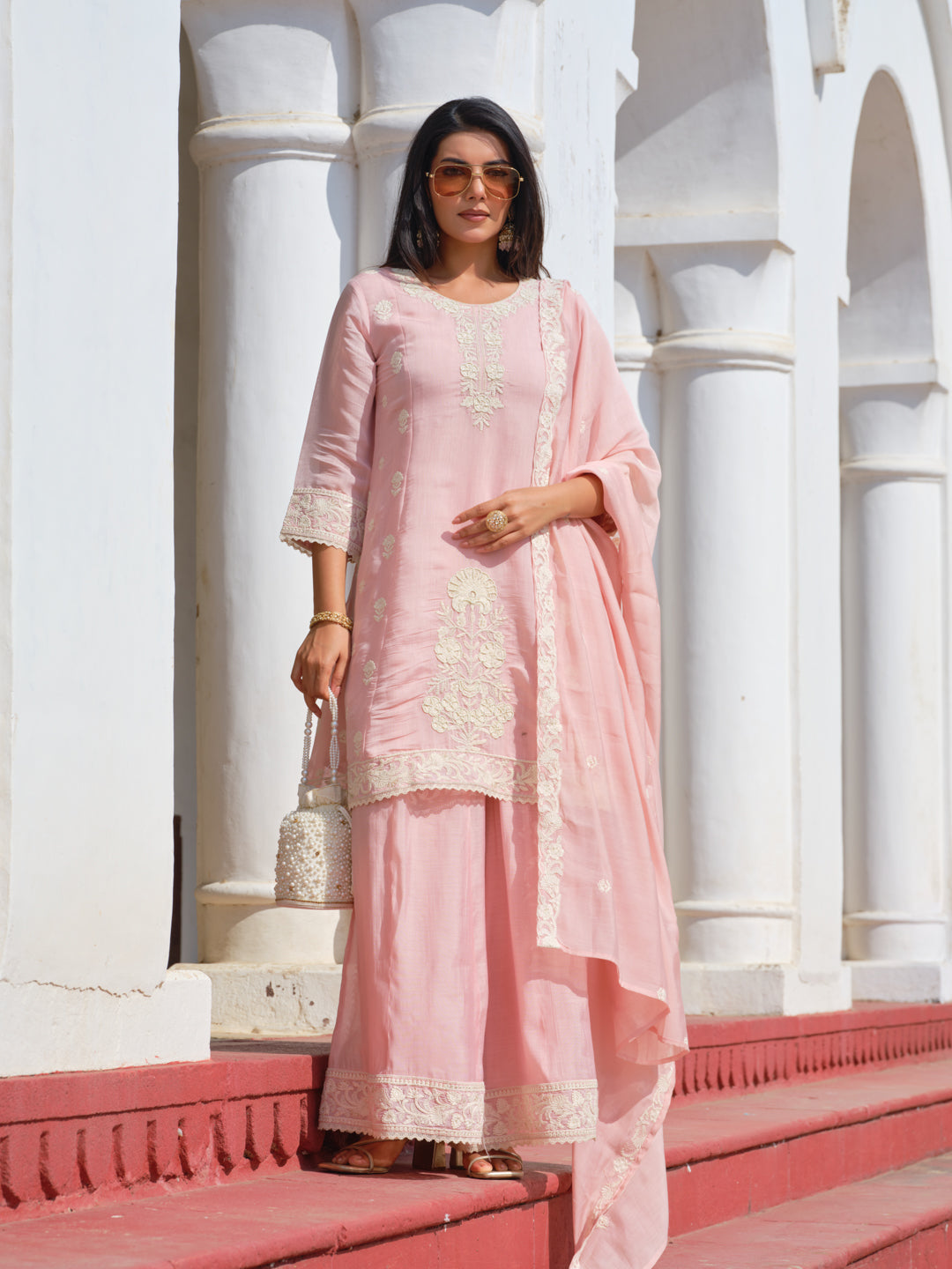 Womens Pink Embroidered Mul Chanderi Straight Kurta With Sharara & Dupatta