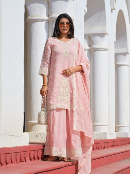 Womens Pink Embroidered Mul Chanderi Straight Kurta With Sharara & Dupatta