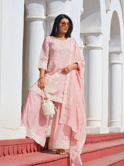 Womens Pink Embroidered Mul Chanderi Straight Kurta With Sharara & Dupatta