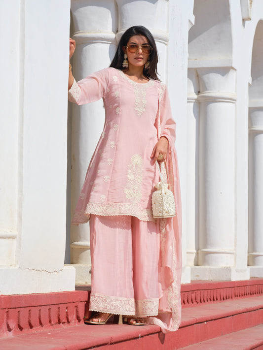 Womens Pink Embroidered Mul Chanderi Straight Kurta With Sharara & Dupatta