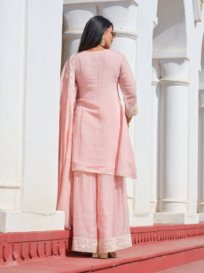 Womens Pink Embroidered Mul Chanderi Straight Kurta With Sharara & Dupatta