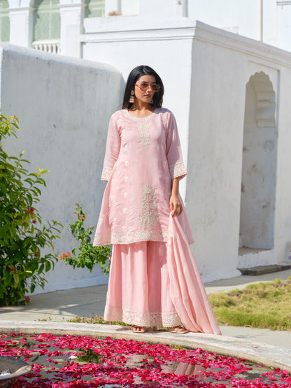 Womens Pink Embroidered Mul Chanderi Straight Kurta With Sharara & Dupatta