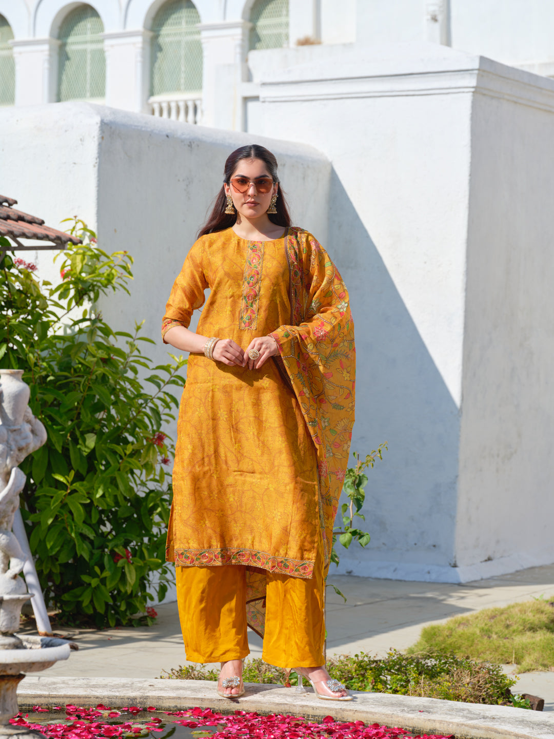 Embroidered Round Neck Straight Kurta & Trousers With Dupattta