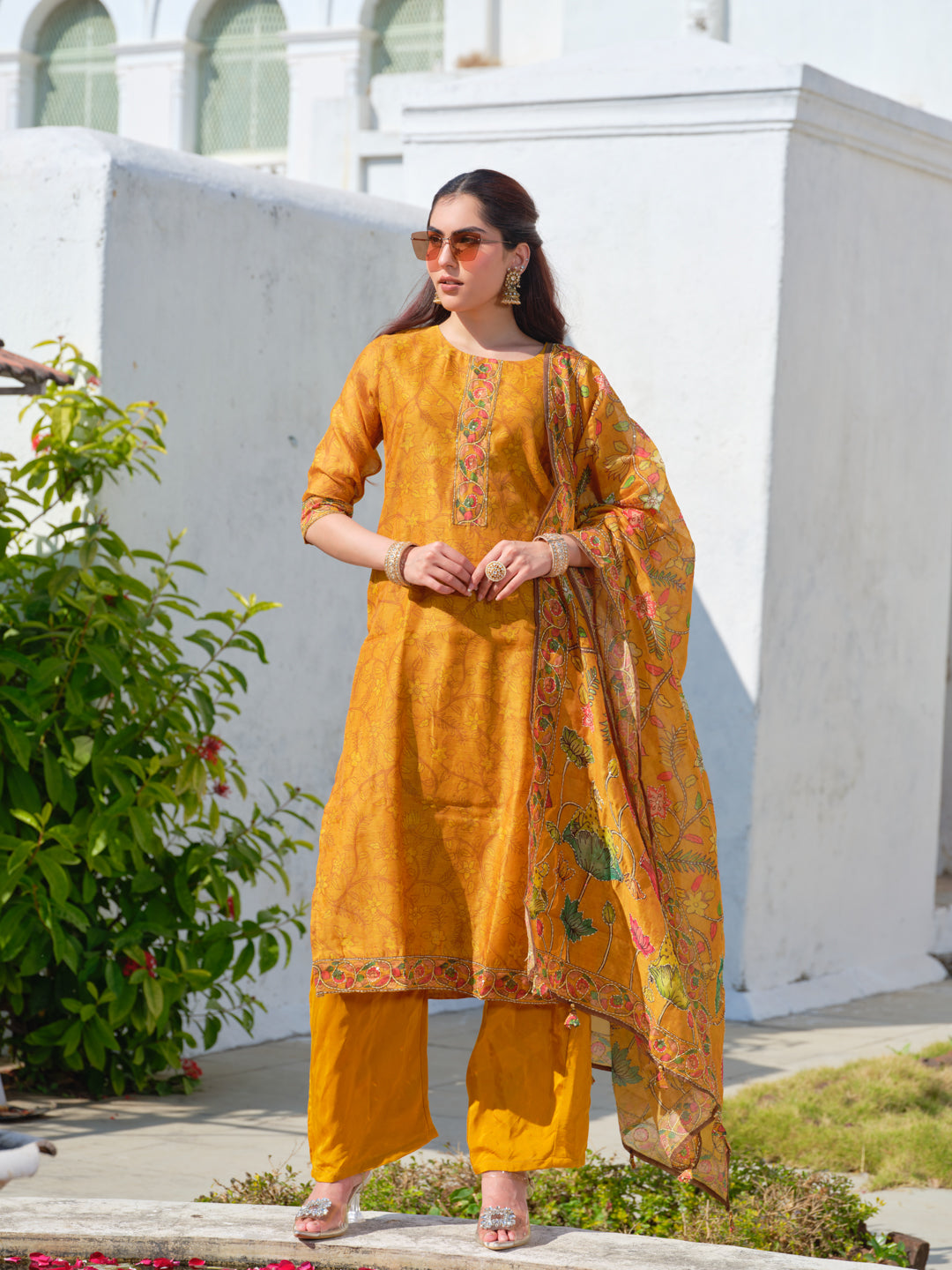 Embroidered Round Neck Straight Kurta & Trousers With Dupattta