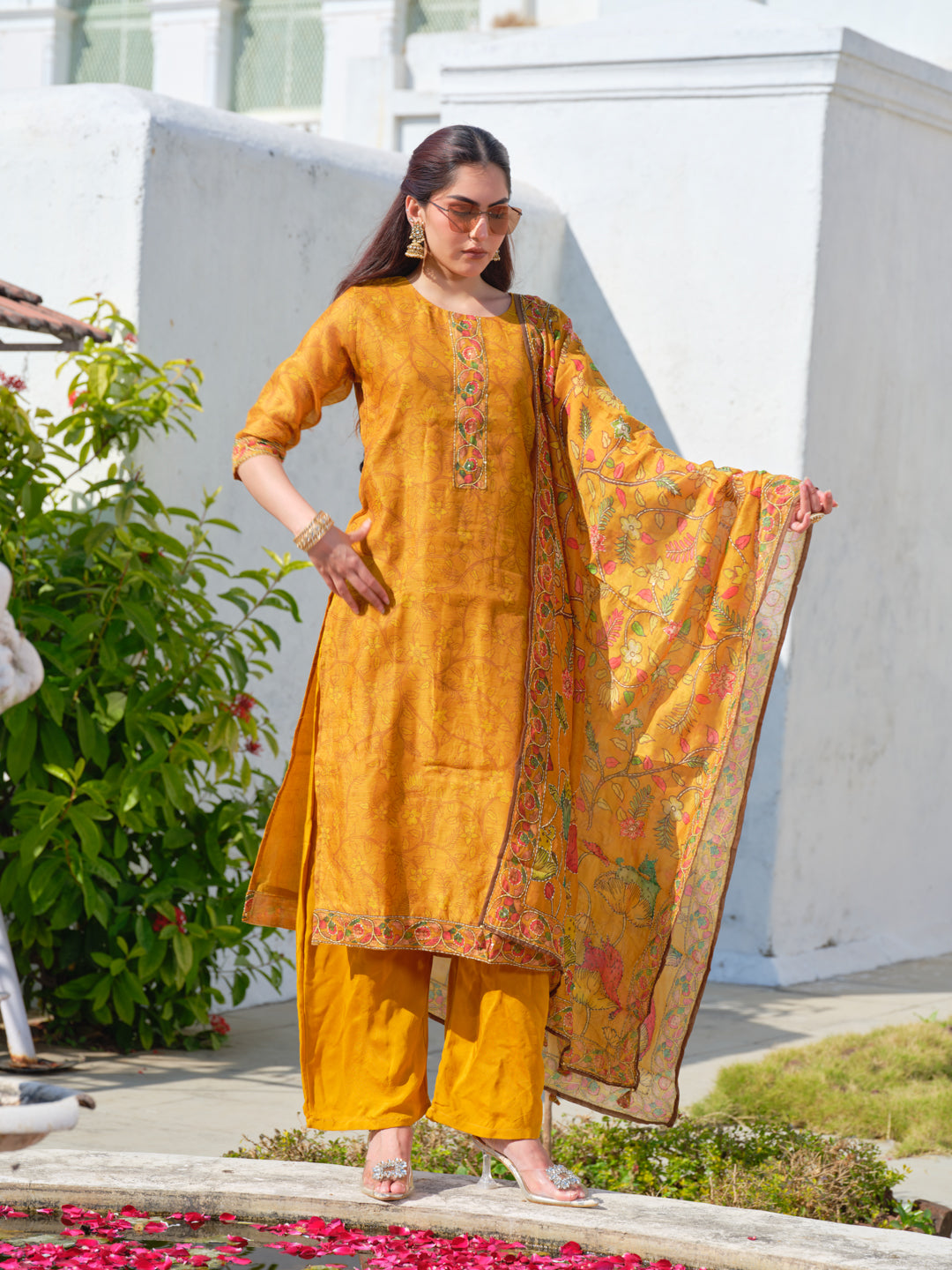 Embroidered Round Neck Straight Kurta & Trousers With Dupattta