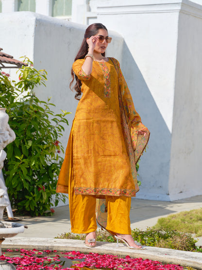 Embroidered Round Neck Straight Kurta & Trousers With Dupattta