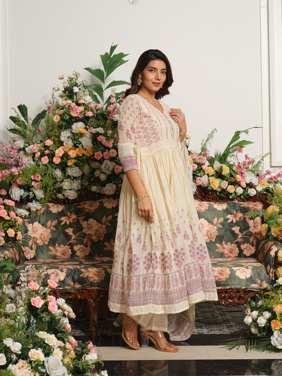 Embroidered Pure Cotton V-Neck Kurta & Trousers With Dupatta