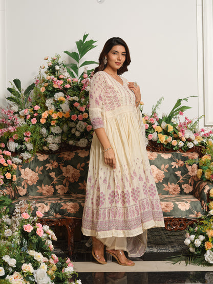 Embroidered Pure Cotton V-Neck Kurta & Trousers With Dupatta
