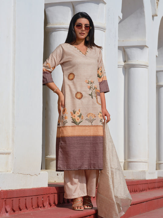 Brown Embroidered Kurta with Peach Trousers & Dupatta