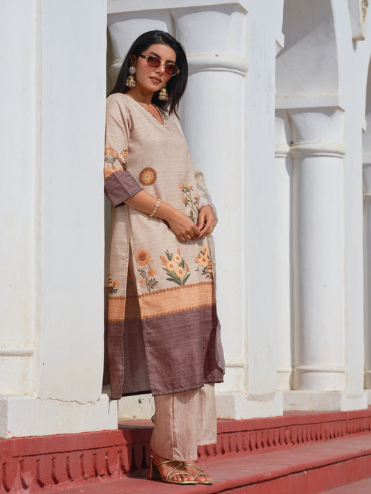 Brown Embroidered Kurta with Peach Trousers & Dupatta