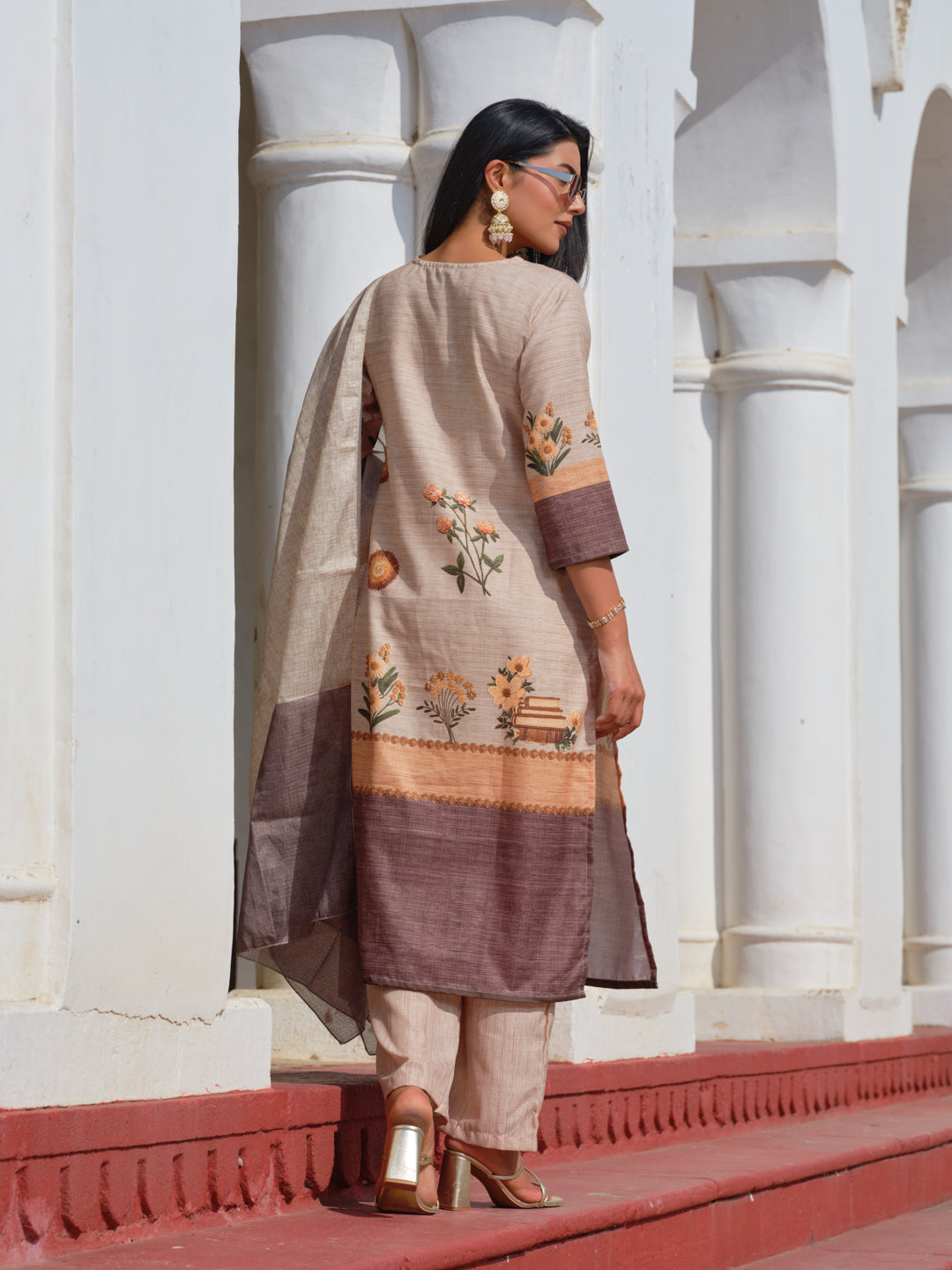 Brown Embroidered Kurta with Peach Trousers & Dupatta