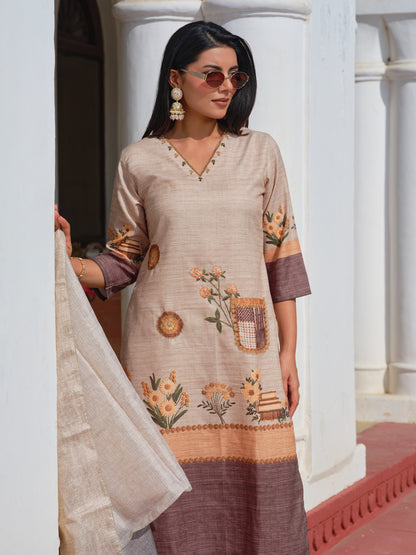 Brown Embroidered Kurta with Peach Trousers & Dupatta
