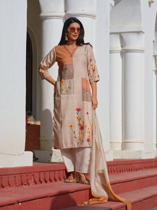 Beige Poly-Linen Embroidered 3-Piece Set