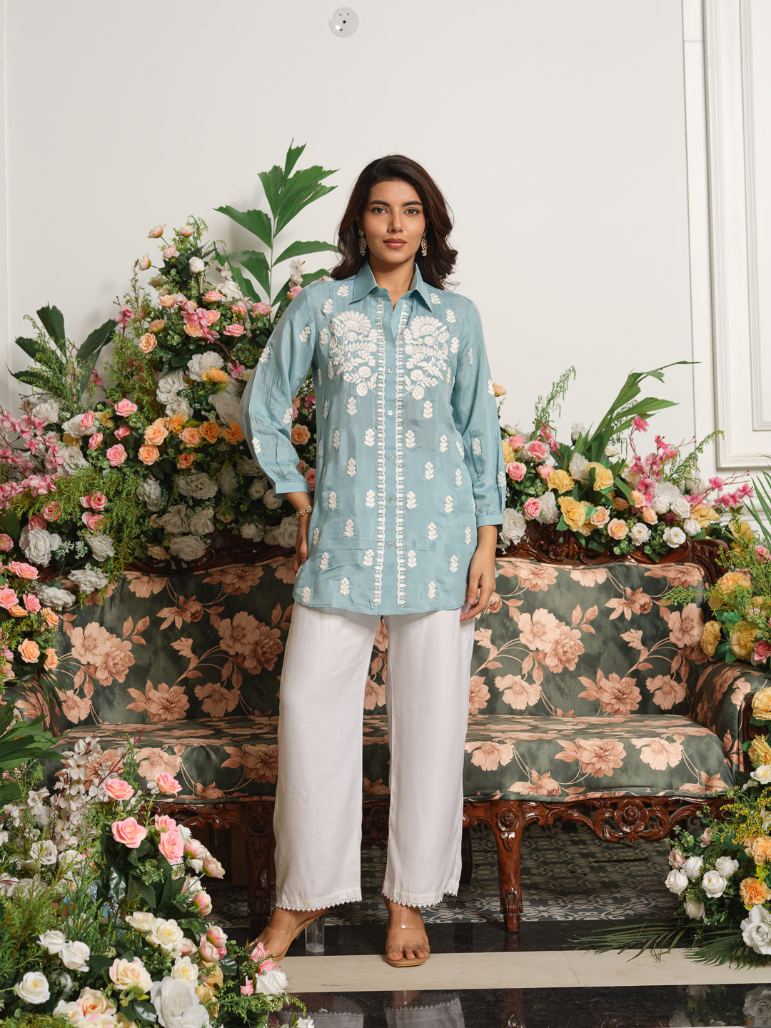 Embroidered Shirt Collar Kurta with Three-Quarter Sleeves