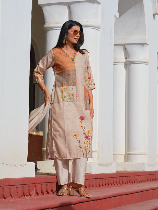 Beige Poly-Linen Embroidered 3-Piece Set