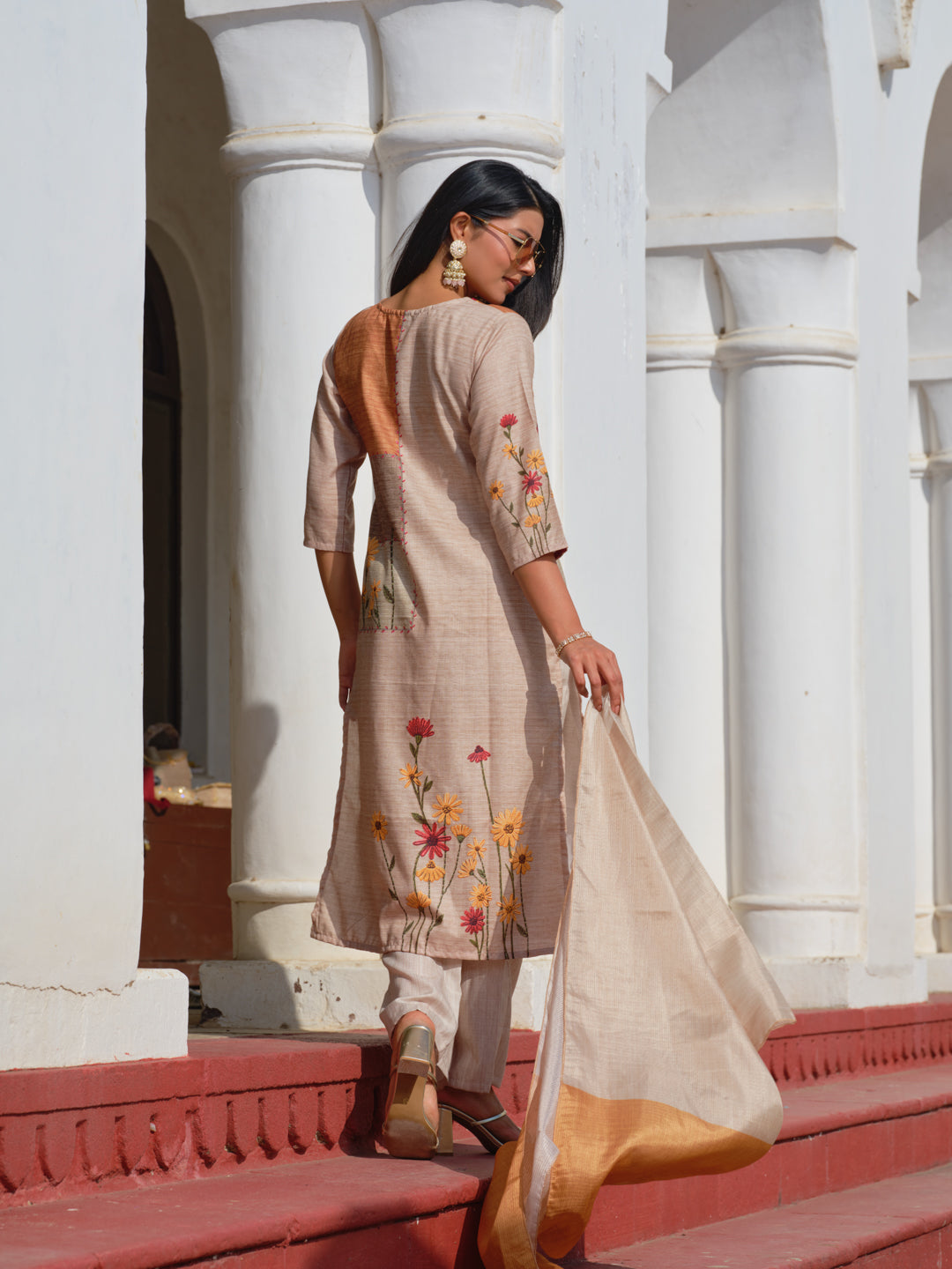 Beige Poly-Linen Embroidered 3-Piece Set