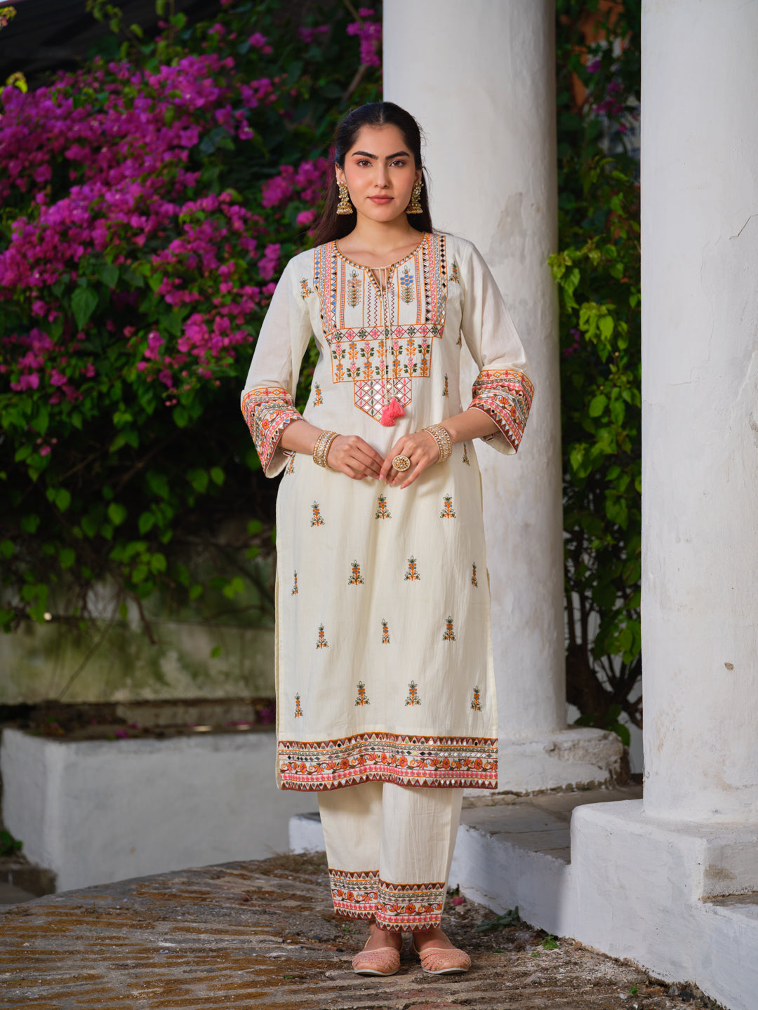 Embroidered Pure Cotton Round Neck Kurta & Trousers Kurta Sets