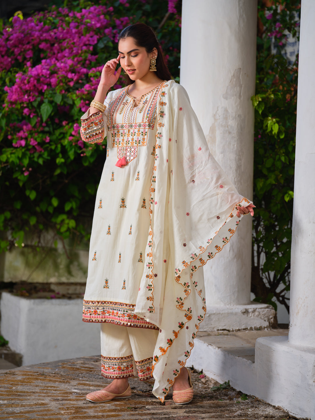 Embroidered Pure Cotton Round Neck Kurta & Trousers Kurta Sets