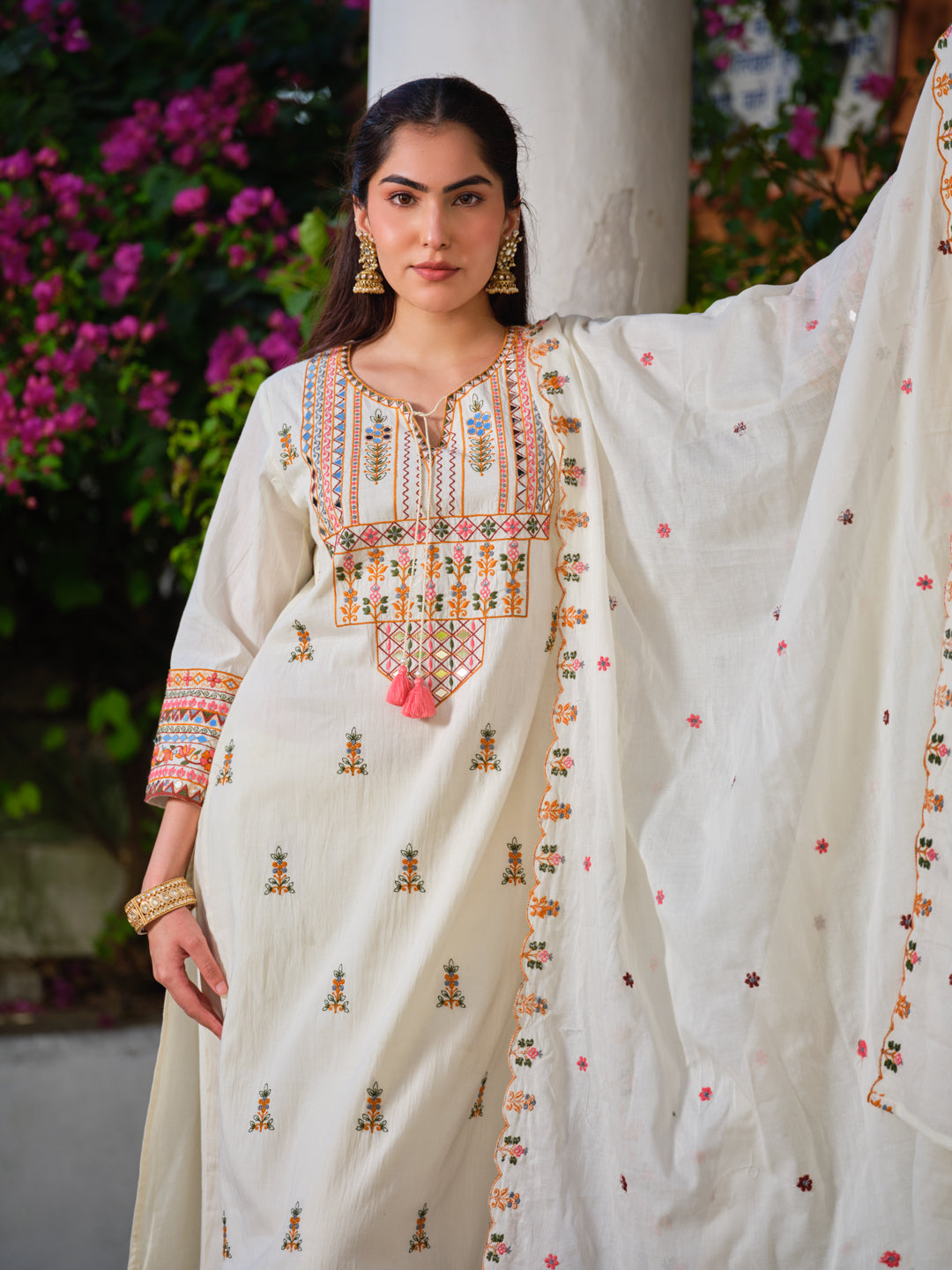 Embroidered Pure Cotton Round Neck Kurta & Trousers Kurta Sets