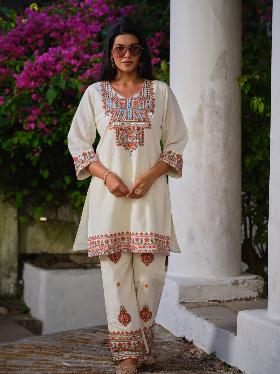 Embroidered V-Neck Top & Trousers Co-Ords