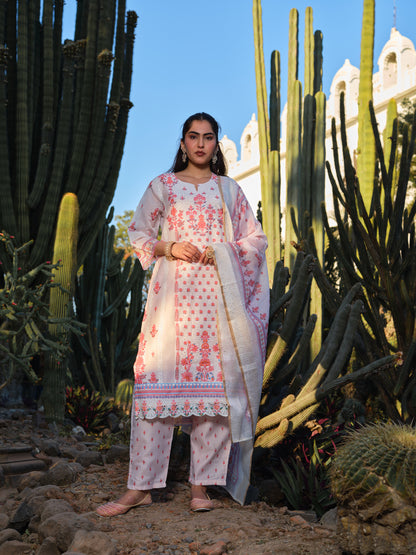Ivory Chanderi Embroidered Kurta Set with Coral Floral Thread Work & Dupatta