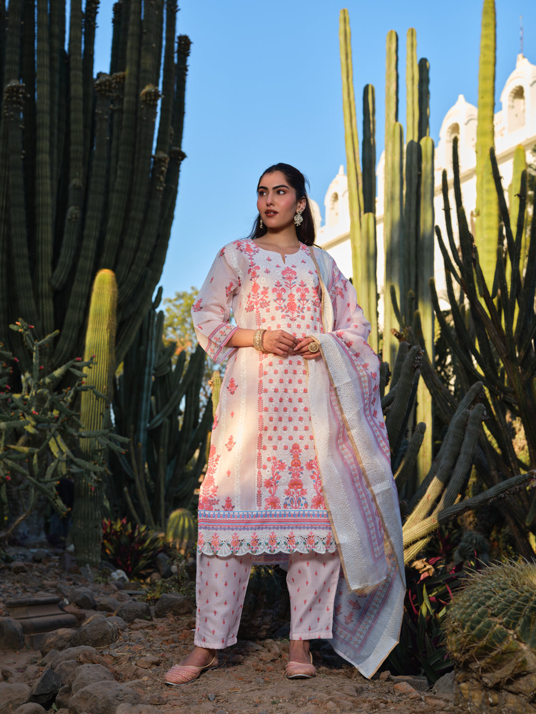 Ivory Chanderi Embroidered Kurta Set with Coral Floral Thread Work & Dupatta