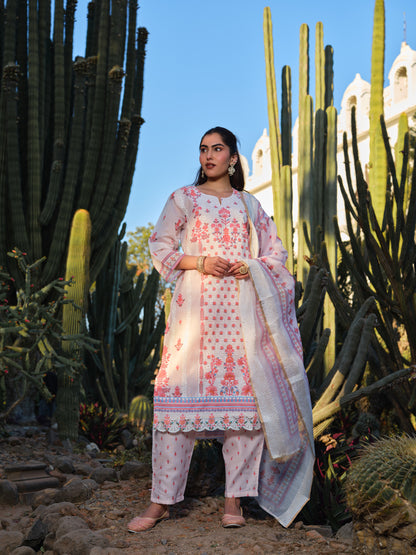Ivory Chanderi Embroidered Kurta Set with Coral Floral Thread Work & Dupatta