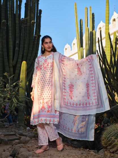 Ivory Chanderi Embroidered Kurta Set with Coral Floral Thread Work & Dupatta