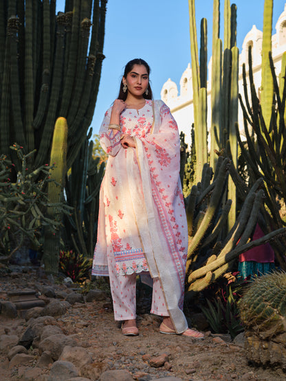 Ivory Chanderi Embroidered Kurta Set with Coral Floral Thread Work & Dupatta